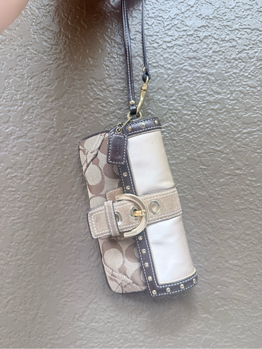 Coach Patchwork Neutral Mini Wristlet with Gold Buckle